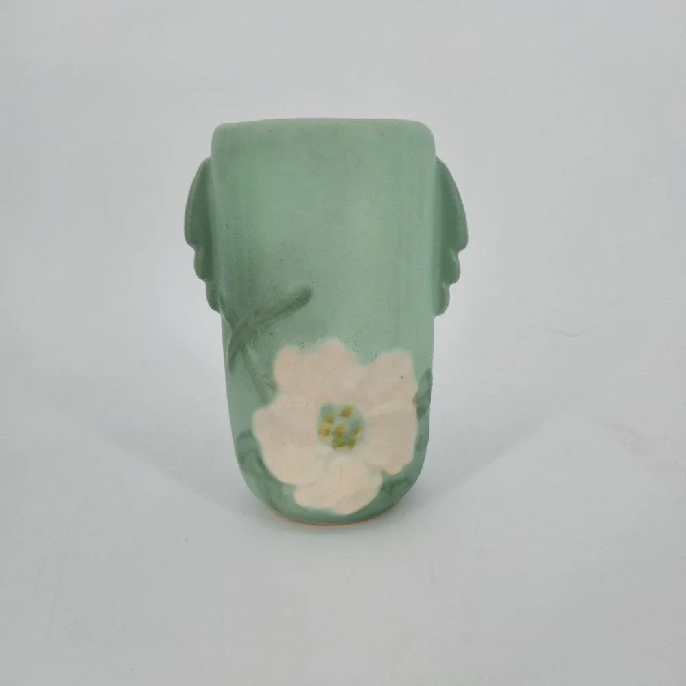 Vintage Weller Wild Rose Vase Matte Green Floral Double Handle 1930s Art Pottery